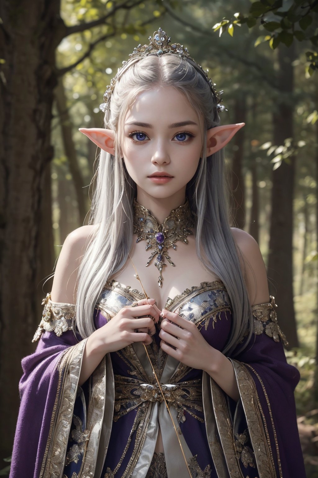 Masterpiece, Best Quality, an elf,  forest, silver hair, amethyst eyes, holding a bow, intricate clothes, extremely detailed. 