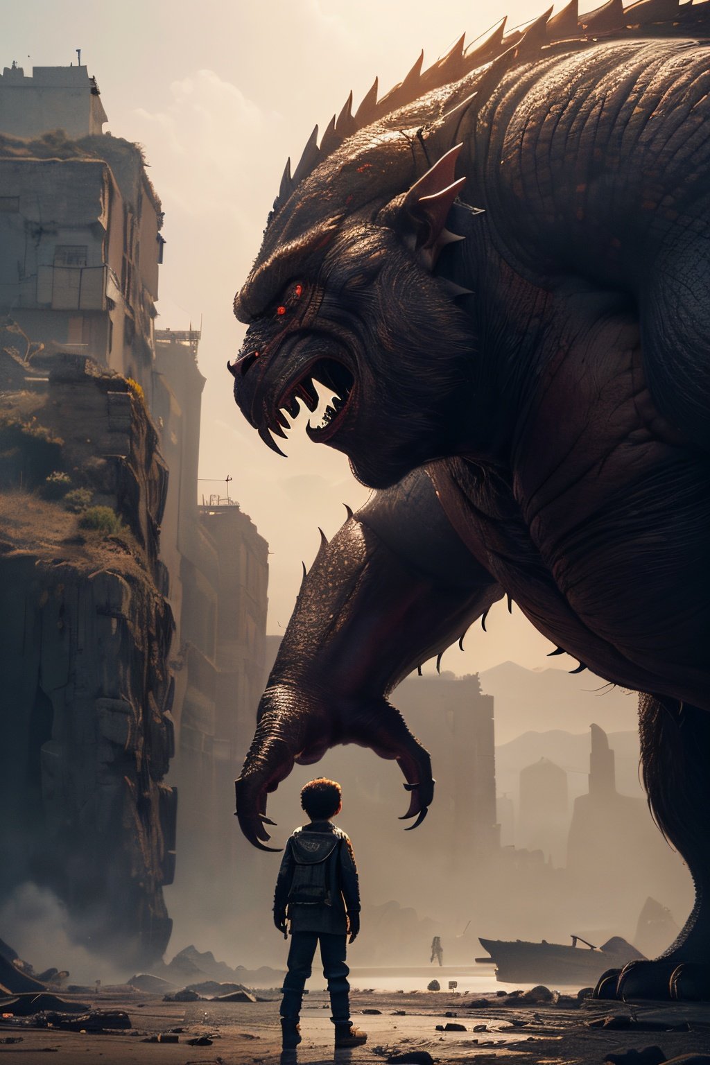 Masterpiece, Best Quality, a kid facing a giant monster, , from side, scifi, Cinematic illumination, extremely detailed 