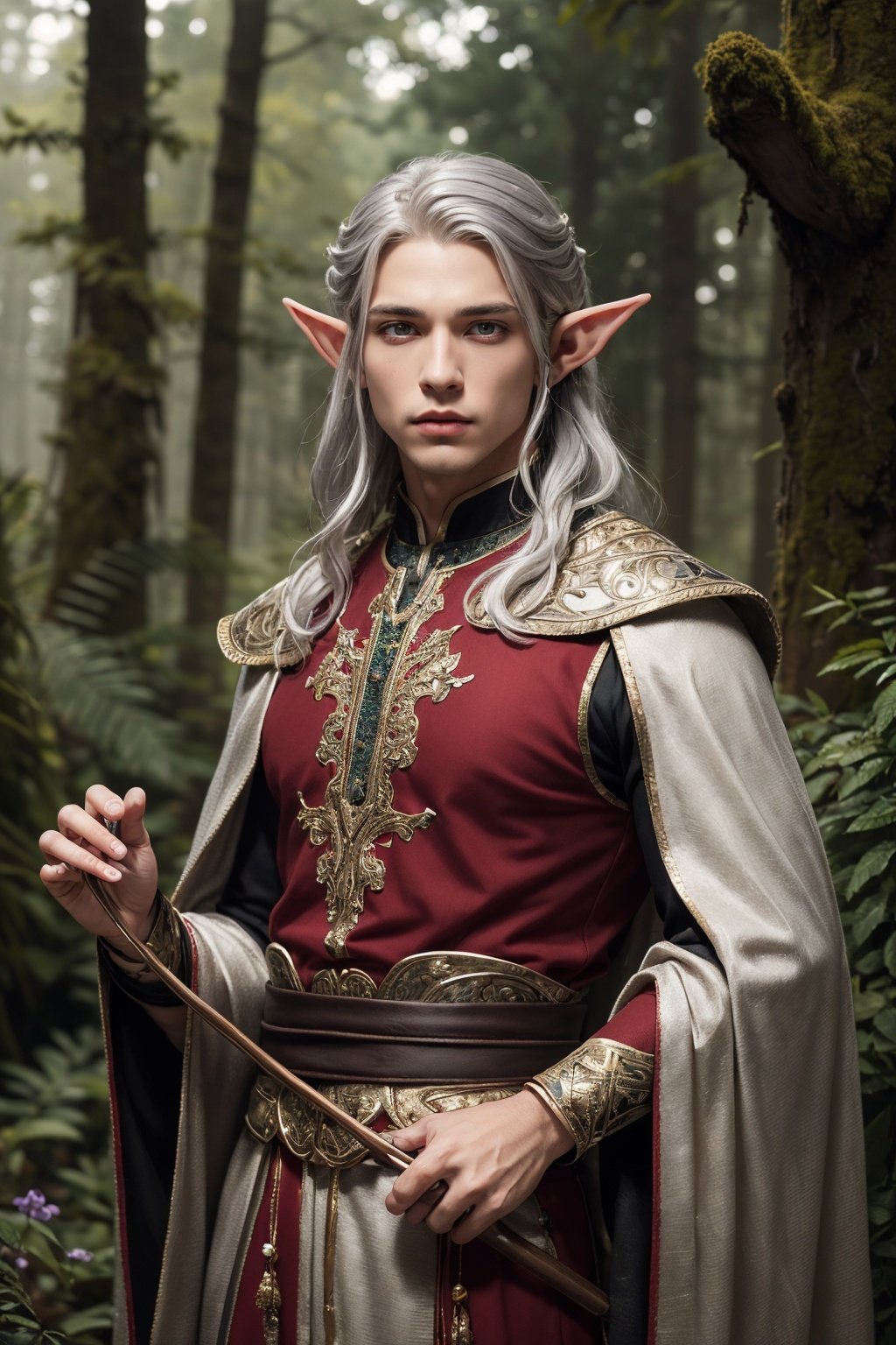 Masterpiece, Best Quality, a male elf, male focus,  forest, silver hair, amethyst eyes, holding a bow, intricate clothes, extremely detailed. 