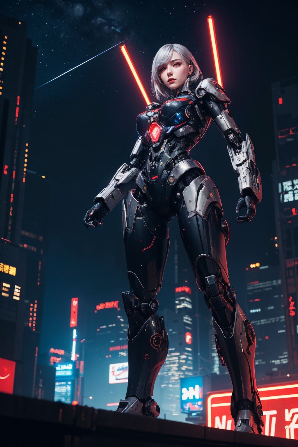Masterpiece, High quality,  science fiction, a woman, mecha arms, silver hair, red eyes, cyberpunk, city, neon lights, from below, night sky, (highly detailed:1.3), intricate details, 