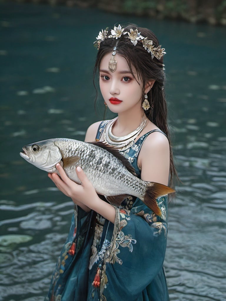 High detailed, High precision, Hyper quality, UHD,16k, Rich details, rich elements, illustration,1girl, beautiful, surrounded by Piranhas fish, sharp teeth, lotus, lotus leaf, pearlygates ,devil,horror,traditional clothes, dark blood theme, scary dress  ,candy-coated,QMSJ