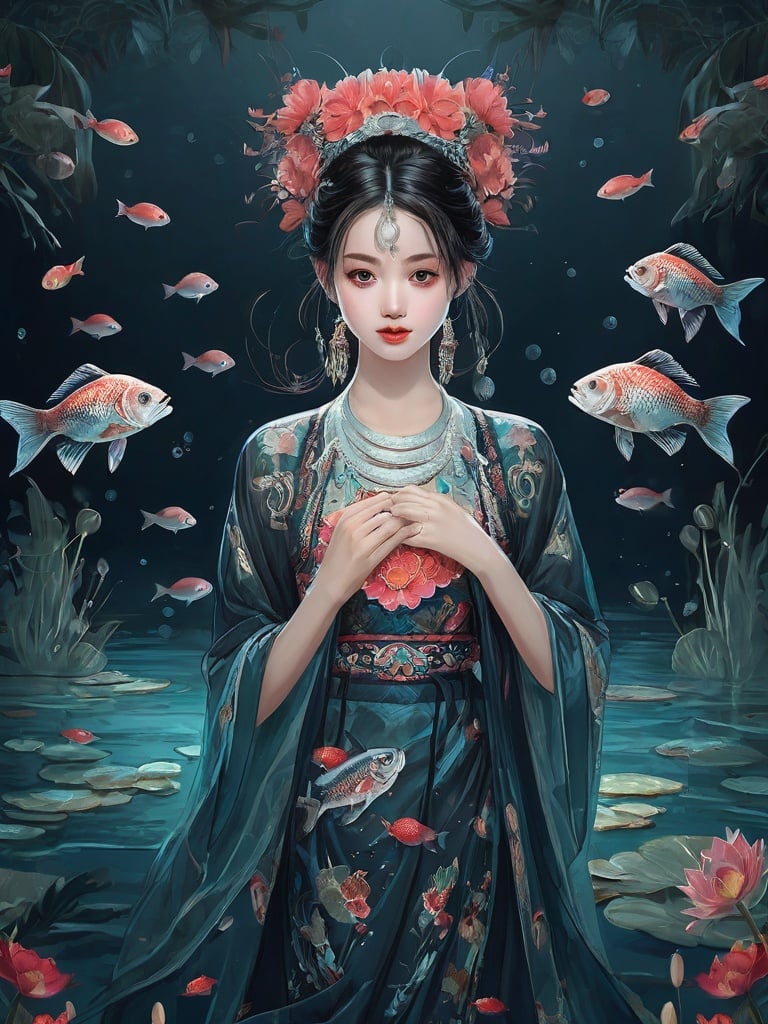 High detailed, High precision, Hyper quality, UHD,16k, Rich details, rich elements, illustration,1girl, beautiful, surrounded by Piranhas fish, sharp teeth, lotus, lotus leaf, pearlygates ,devil,horror,traditional clothes, dark blood theme, scary dress <lora:Hmongbxl-000010:0.7> 