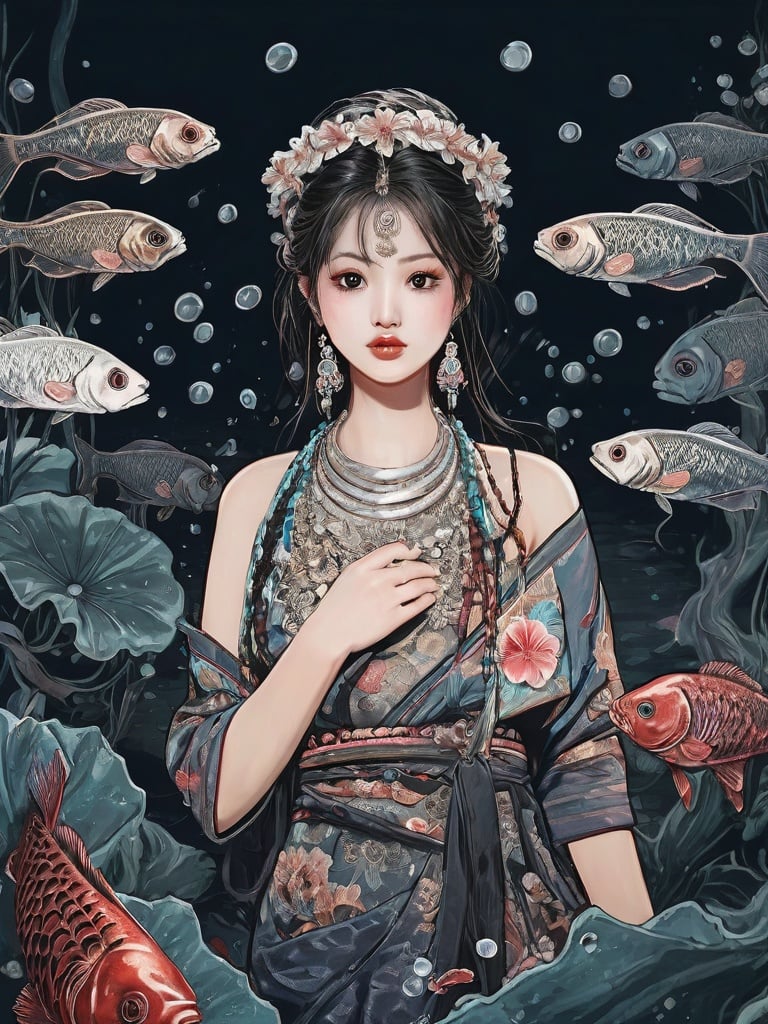 High detailed, High precision, Hyper quality, UHD,16k, Rich details, rich elements, illustration,1girl, beautiful, surrounded by Piranhas fish, sharp teeth, lotus, lotus leaf, pearlygates ,devil,horror,traditional clothes, dark blood theme, scary dress <lora:Hmongbxl-000010:0.8> 