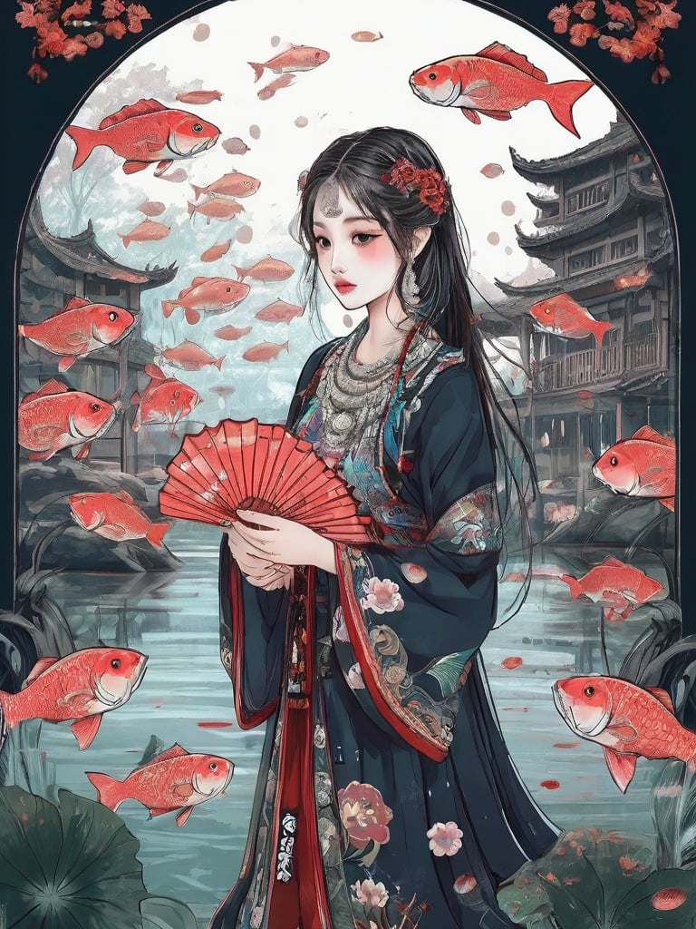 High detailed, High precision, Hyper quality, UHD,16k, Rich details, rich elements, illustration,1girl, beautiful, surrounded by Piranhas fish, sharp teeth, lotus, lotus leaf, pearlygates ,devil,horror,traditional clothes, dark blood theme, scary dress <lora:Hmongbxl-000010:0.7> 