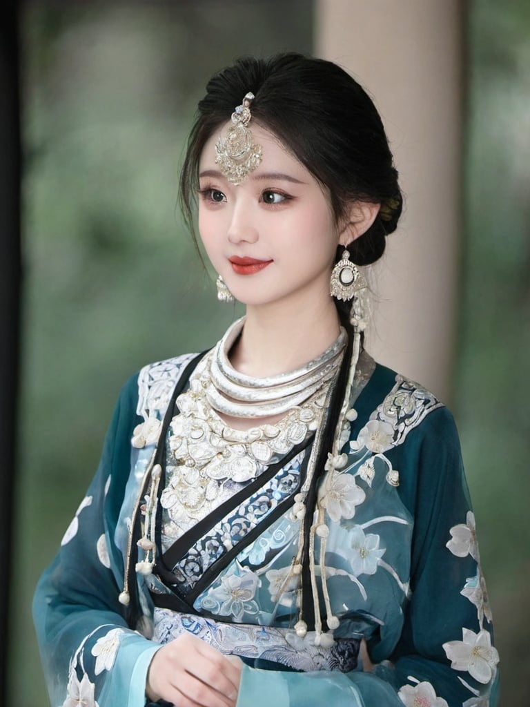 Detailed high, high precision, high quality, the UHD, 16 k, rich details, abundant element, shows that a girl, beautiful, lotus, lotus leaf, pearlygates, traditional clothing, clothing patterns, miao clothing headwear