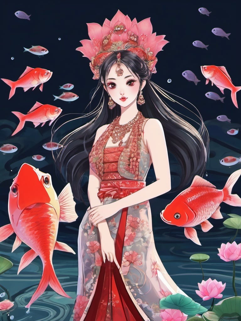 High detailed, High precision, Hyper quality, UHD,16k, Rich details, rich elements, illustration,1girl, beautiful, surrounded by Piranhas fish, sharp teeth, lotus, lotus leaf, pearlygates ,devil,horror,traditional clothes, dark blood theme, scary dress  