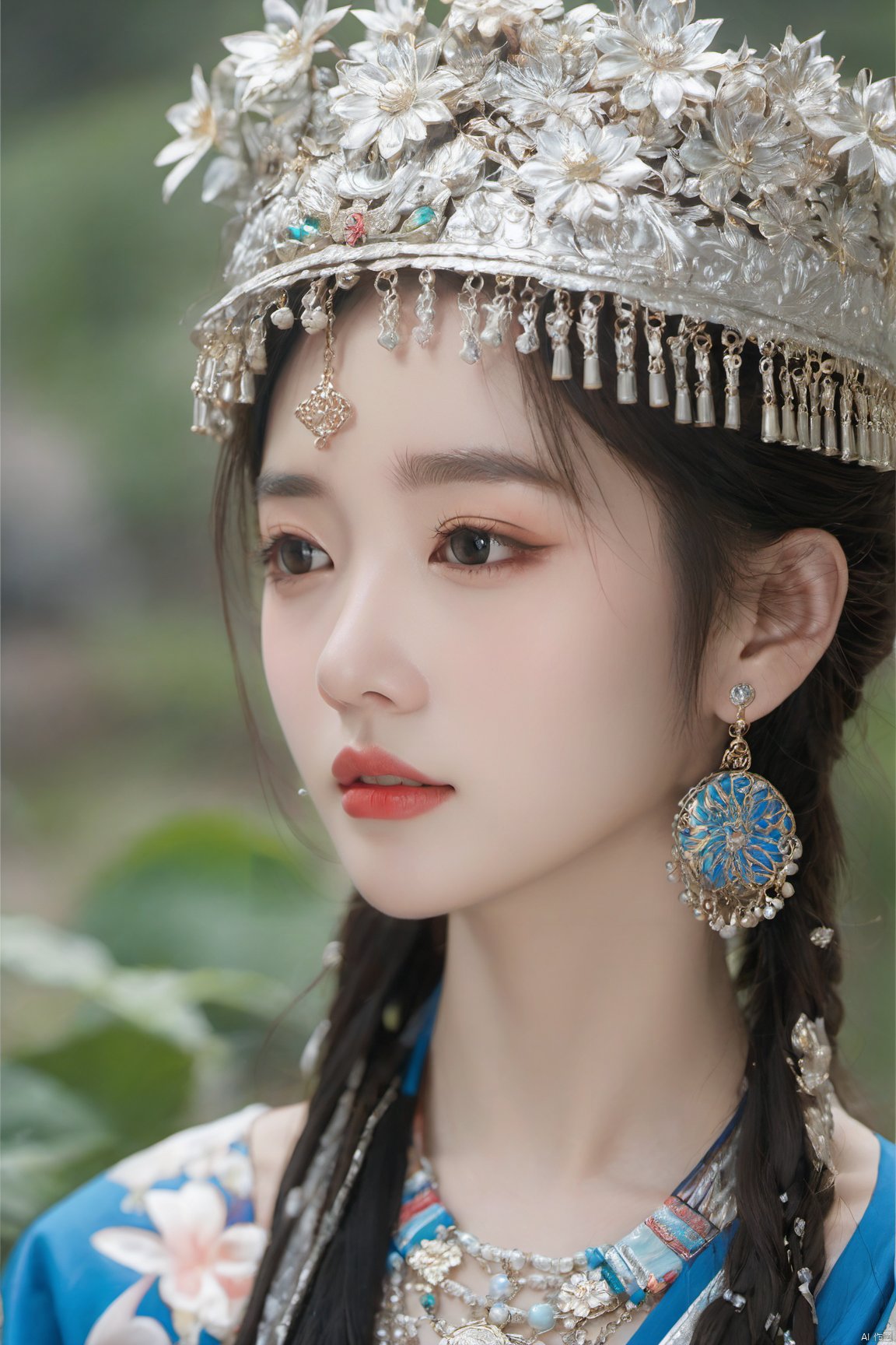  Detailed high, high precision, high quality, the UHD, 16 k, rich details, abundant element, shows that a girl, beautiful, lotus, lotus leaf, pearlygates, traditional clothing, clothing patterns, miao clothing headwear, Face Score, MAJICMIX STYLE