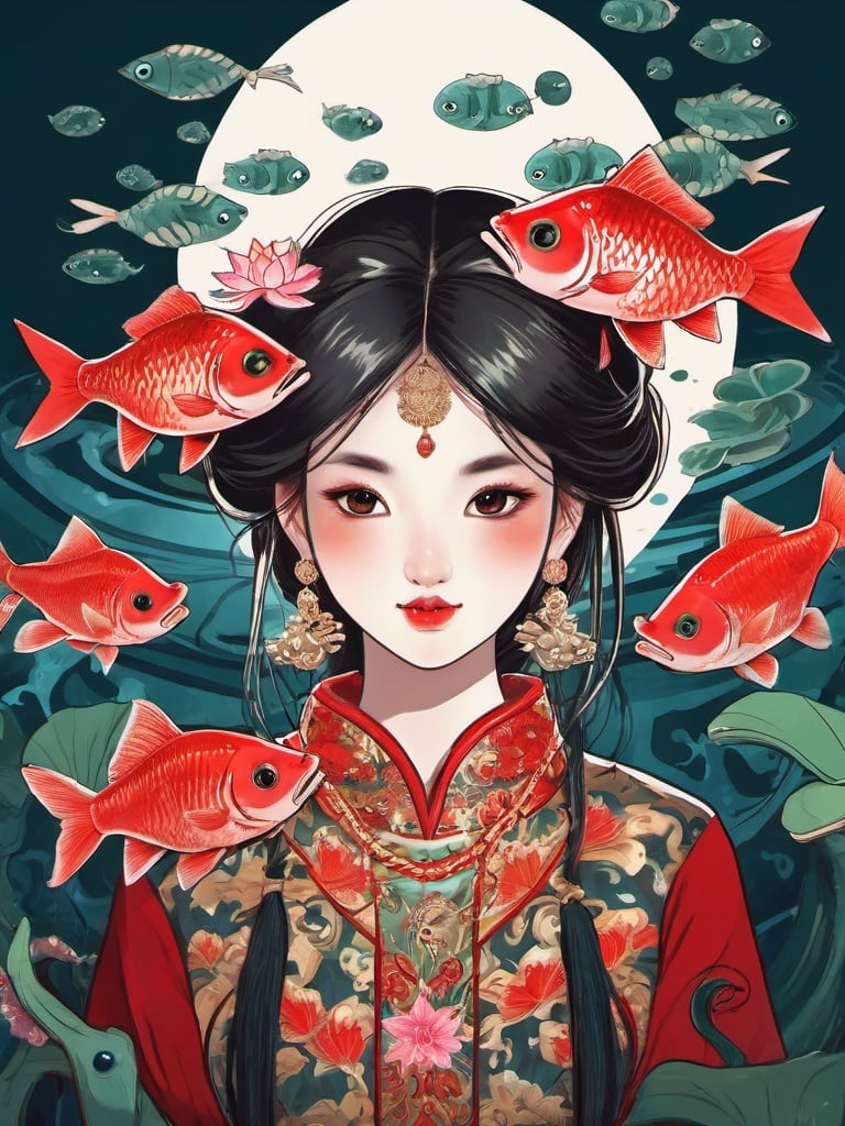 High detailed, High precision, Hyper quality, UHD,16k, Rich details, rich elements, illustration,1girl, beautiful, surrounded by Piranhas fish, sharp teeth, lotus, lotus leaf, pearlygates ,devil,horror,traditional clothes, dark blood theme, scary dress  