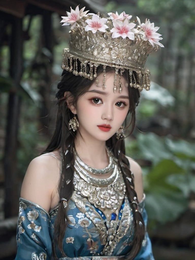 High detailed, High precision, Hyper quality, UHD,16k, Rich details, rich elements, illustration,1girl, beautiful, surrounded by Piranhas fish, sharp teeth, lotus, lotus leaf, pearlygates ,devil,horror,traditional clothes, dark blood theme, scary dress  