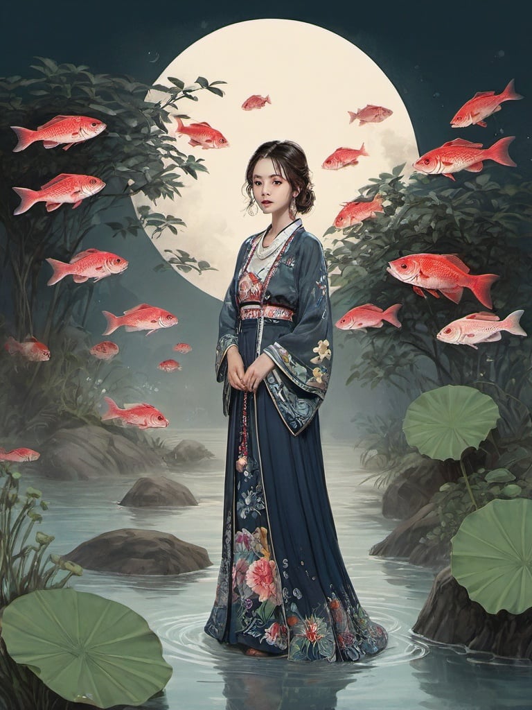 High detailed, High precision, Hyper quality, UHD,16k, Rich details, rich elements, illustration,1girl, beautiful, surrounded by Piranhas fish, sharp teeth, lotus, lotus leaf, pearlygates ,devil,horror,traditional clothes, dark blood theme, scary dress  ,candy-coated,QMSJ