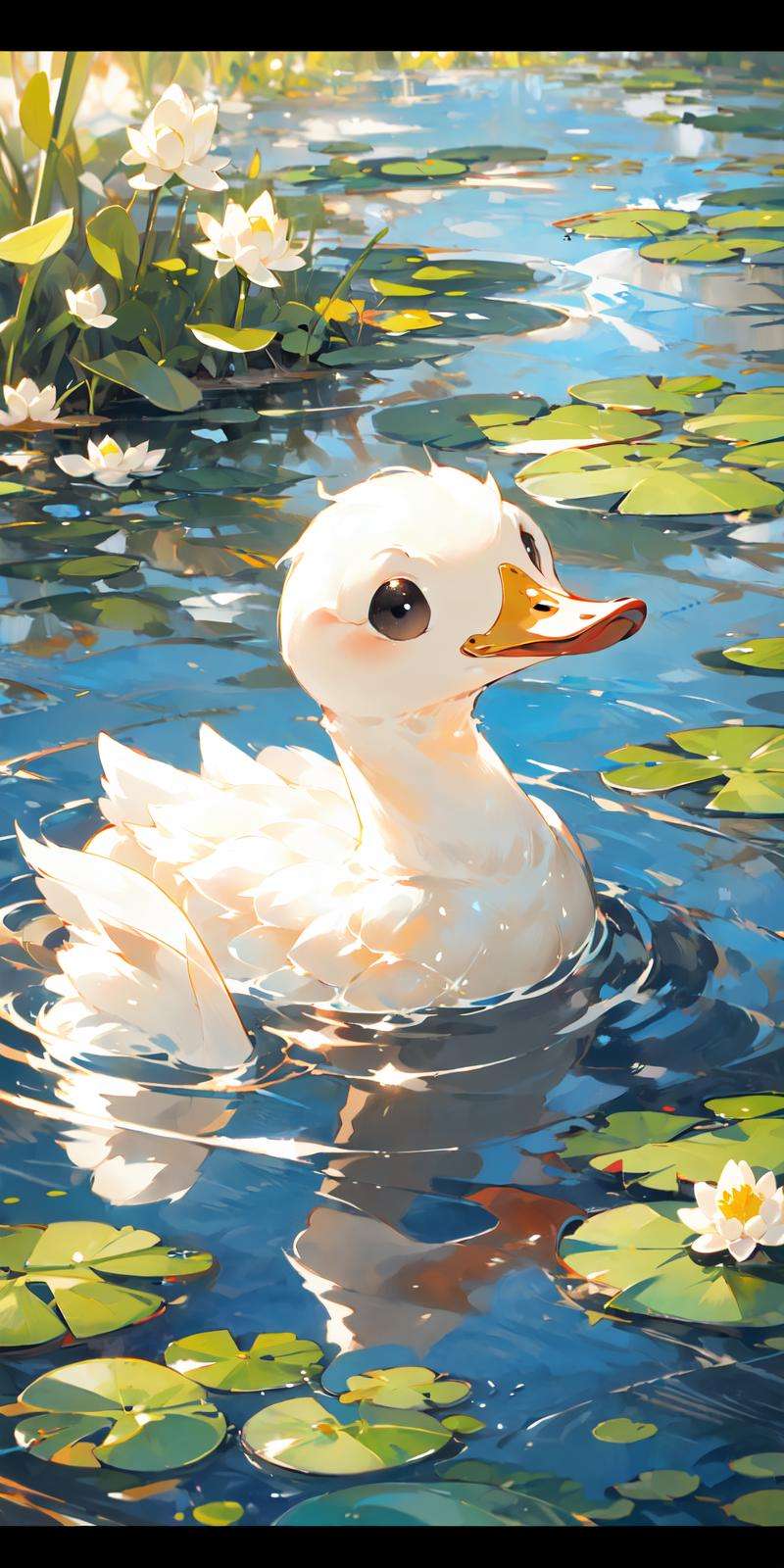 (masterpiece:1.2), best quality,PIXIV, no humans, water, animal focus, duck, letterboxed, bird, outdoors, lily pad, animal, ripples, day, leaf, reflection, partially submerged, black eyes, scenery, solo <lora:duck_20230805184525-000018:0.8>