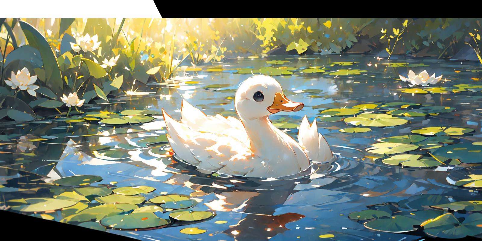 (masterpiece:1.2), best quality,PIXIV, no humans, water, animal focus, duck, letterboxed, bird, outdoors, lily pad, animal, ripples, day, leaf, reflection, partially submerged, black eyes, scenery, solo <lora:duck_20230805184525-000018:0.8>