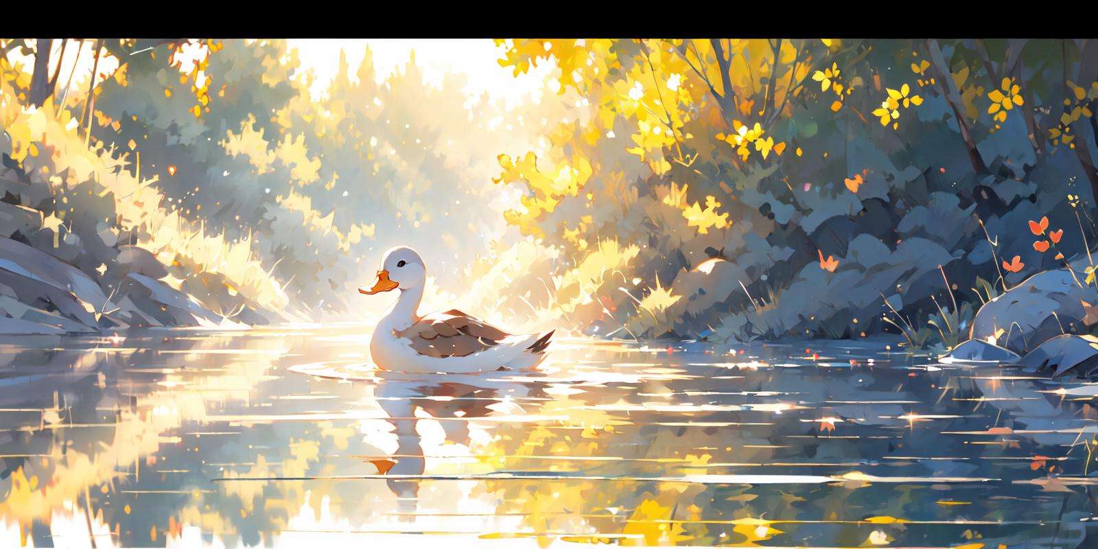 (masterpiece:1.2), best quality,PIXIV, duck, no humans, reflection, letterboxed, outdoors, tree, scenery, water, animal focus, ripples, solo, animal, reflective water <lora:duck_20230805184525-000018:0.8>