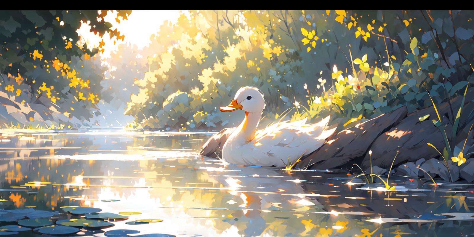 (masterpiece:1.2), best quality,PIXIV, duck, no humans, reflection, letterboxed, outdoors, tree, scenery, water, animal focus, ripples, solo, animal, reflective water <lora:duck_20230805184525:0.8>