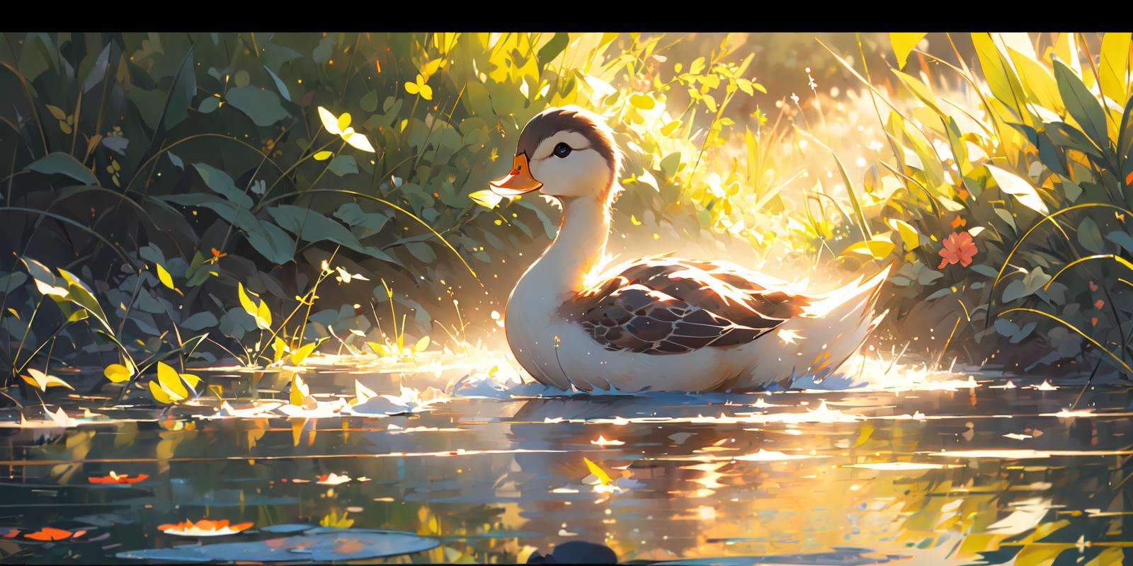 (masterpiece:1.2), best quality,PIXIV, duck, no humans, reflection, letterboxed, outdoors, tree, scenery, water, animal focus, ripples, solo, animal, reflective water <lora:duck_20230805184525:0.8>