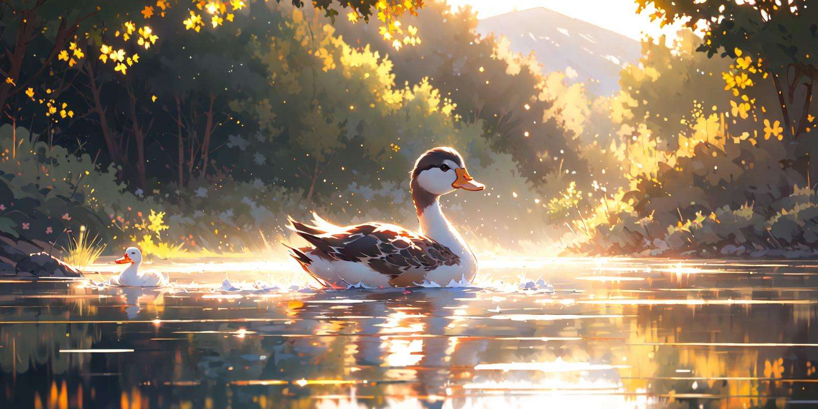 (masterpiece:1.2), best quality,PIXIV, duck, no humans, reflection, letterboxed, outdoors, tree, scenery, water, animal focus, ripples, solo, animal, reflective water <lora:duck_20230805184525:0.8>