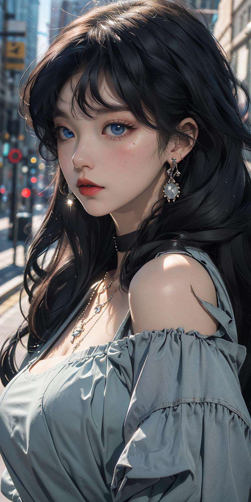 (masterpiece:1.2), best quality,PIXIV, 1girl, solo, black hair, jewelry, long hair, earrings, blue eyes, choker, looking at viewer, parted lips, blush, necklace, upper body, black choker, bangs <lora:s_20230805204449:1:CHARACTER>