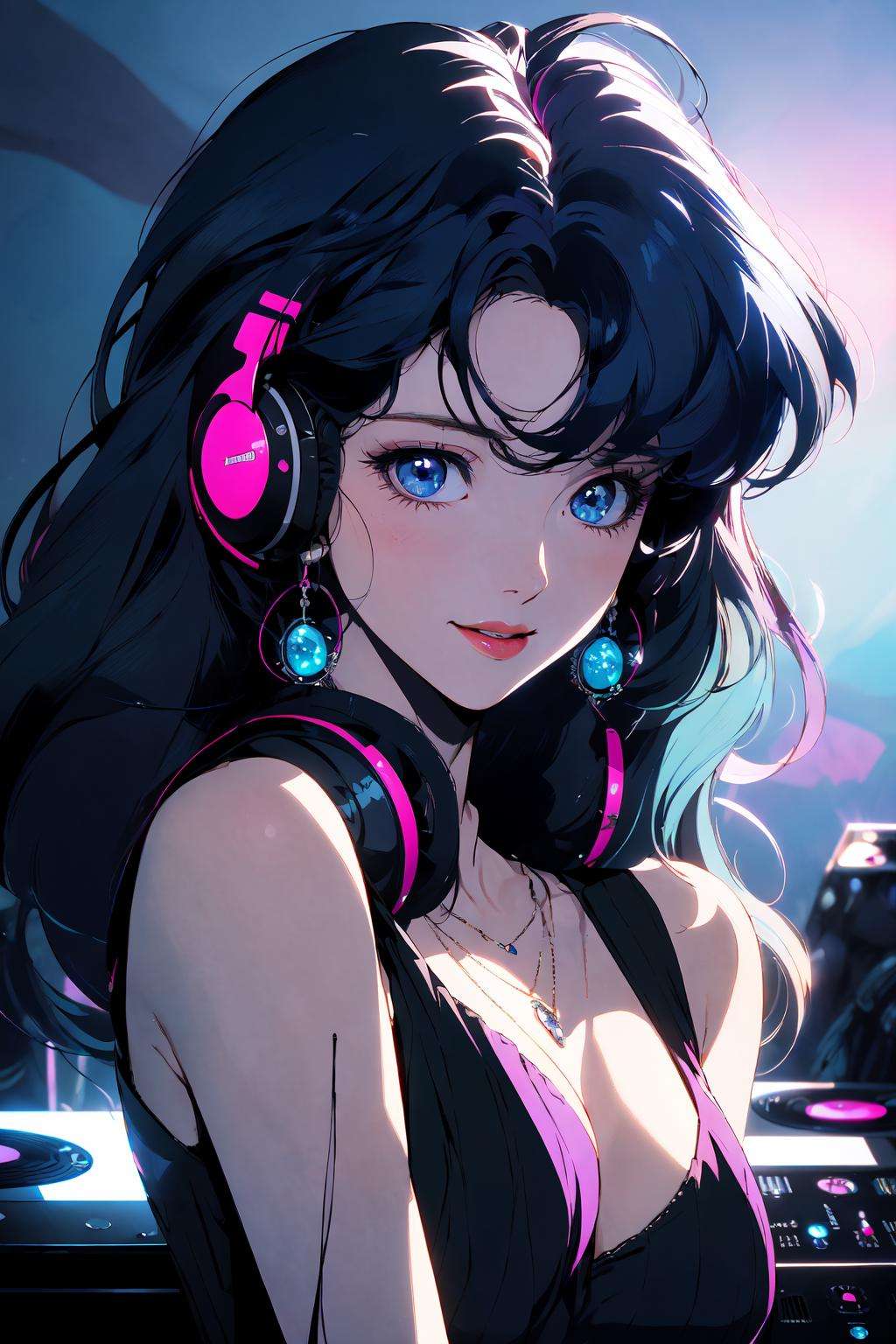 (masterpiece:1.2), best quality,PIXIV, style of a 1980s anime,1girl, jewelry, solo, headphones, earrings, blue eyes, necklace, long hair, looking at viewer, headphones around neck, parted lips, upper body, bare shoulders, eyelashes, lips, smile, blue hair, bangs, sleeveless, breasts, speaker <lora:s_20230805204449:1>