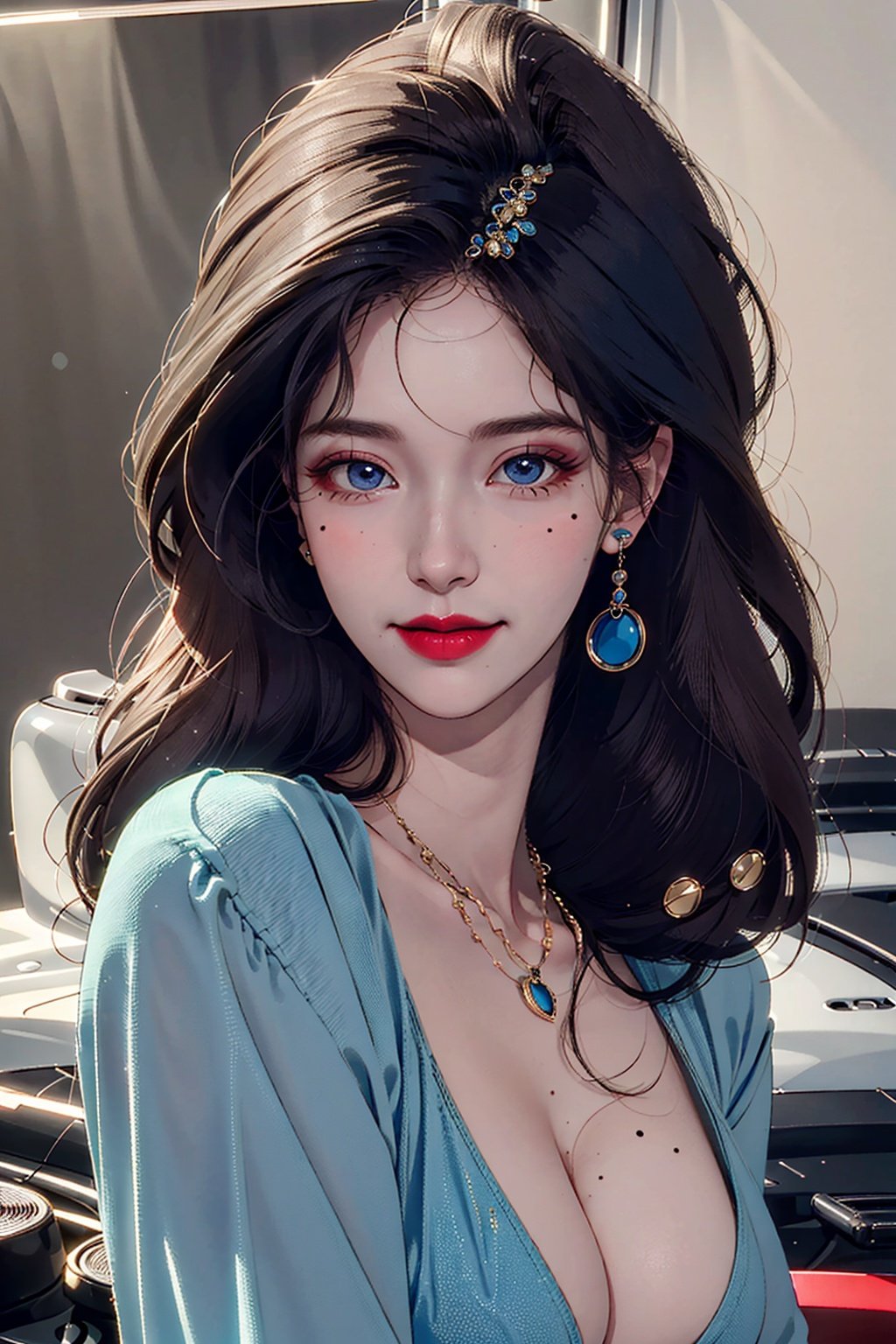 best quality,masterpiece,realistic,1girl,1girl, solo, mole, long hair, lipstick, retro artstyle, makeup, mole under mouth, blue eyes, smile, 1990s (style), upper body, wavy hair, shirt<lora:s_20230805204449:0.8:MIDD> 