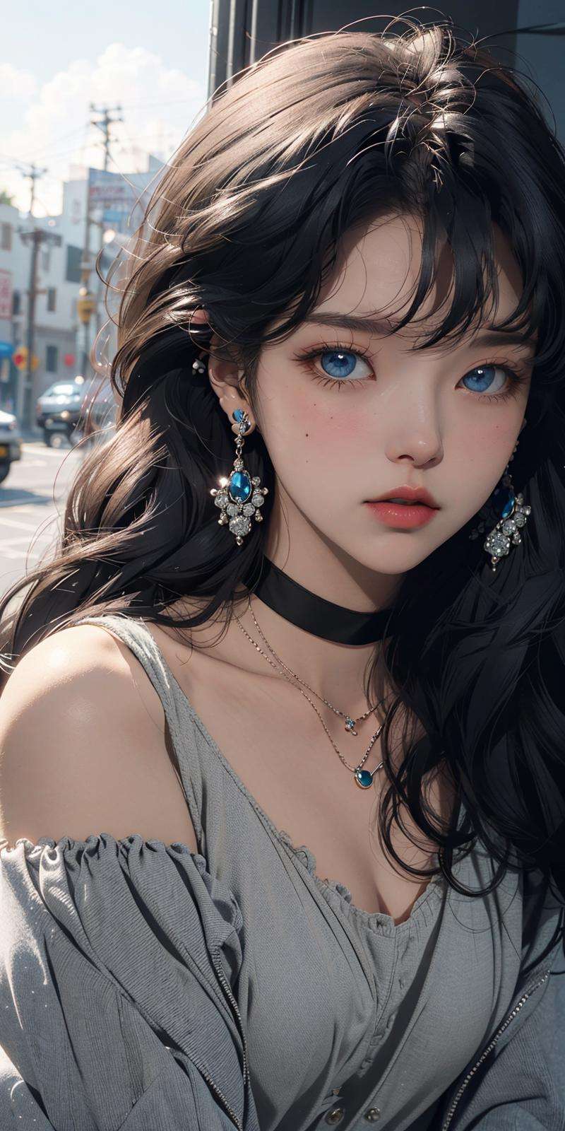 (masterpiece:1.2), best quality,PIXIV, 1girl, solo, black hair, jewelry, long hair, earrings, blue eyes, choker, looking at viewer, parted lips, blush, necklace, upper body, black choker, bangs <lora:s_20230805204449:1:OUTD>