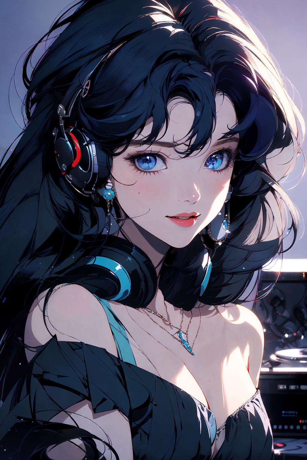 (masterpiece:1.2), best quality,PIXIV, 1girl, jewelry, solo, headphones, earrings, blue eyes, necklace, long hair, looking at viewer, headphones around neck, parted lips, upper body, bare shoulders, eyelashes, lips, smile, blue hair, bangs, sleeveless, breasts, speaker <lora:s_20230805204449:1>