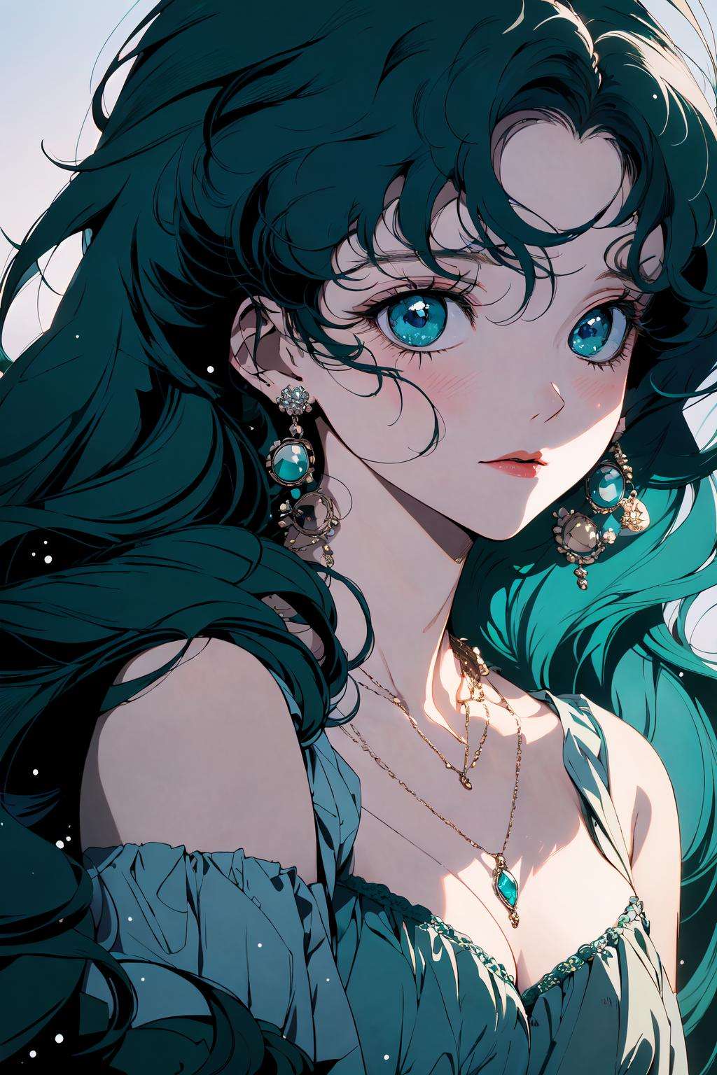 (masterpiece:1.2), best quality,PIXIV, style of a 1980s anime,1girl, solo, jewelry, earrings, green hair, long hair, looking at viewer, portrait, blue eyes, bangs, necklace, parted bangs, closed mouth, simple background, gem, collarbone, upper body <lora:s_20230805204449:1>