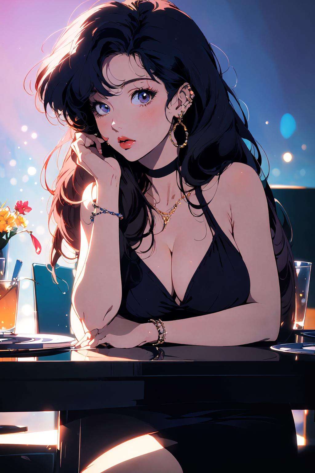 (masterpiece:1.2), best quality,PIXIV, style of a 1980s anime,1girl, solo, breasts, cleavage, long hair, red hair, looking at viewer, large breasts, brown eyes, head rest, sitting, parody, lips, bare shoulders, chair <lora:s_20230805204449:1>