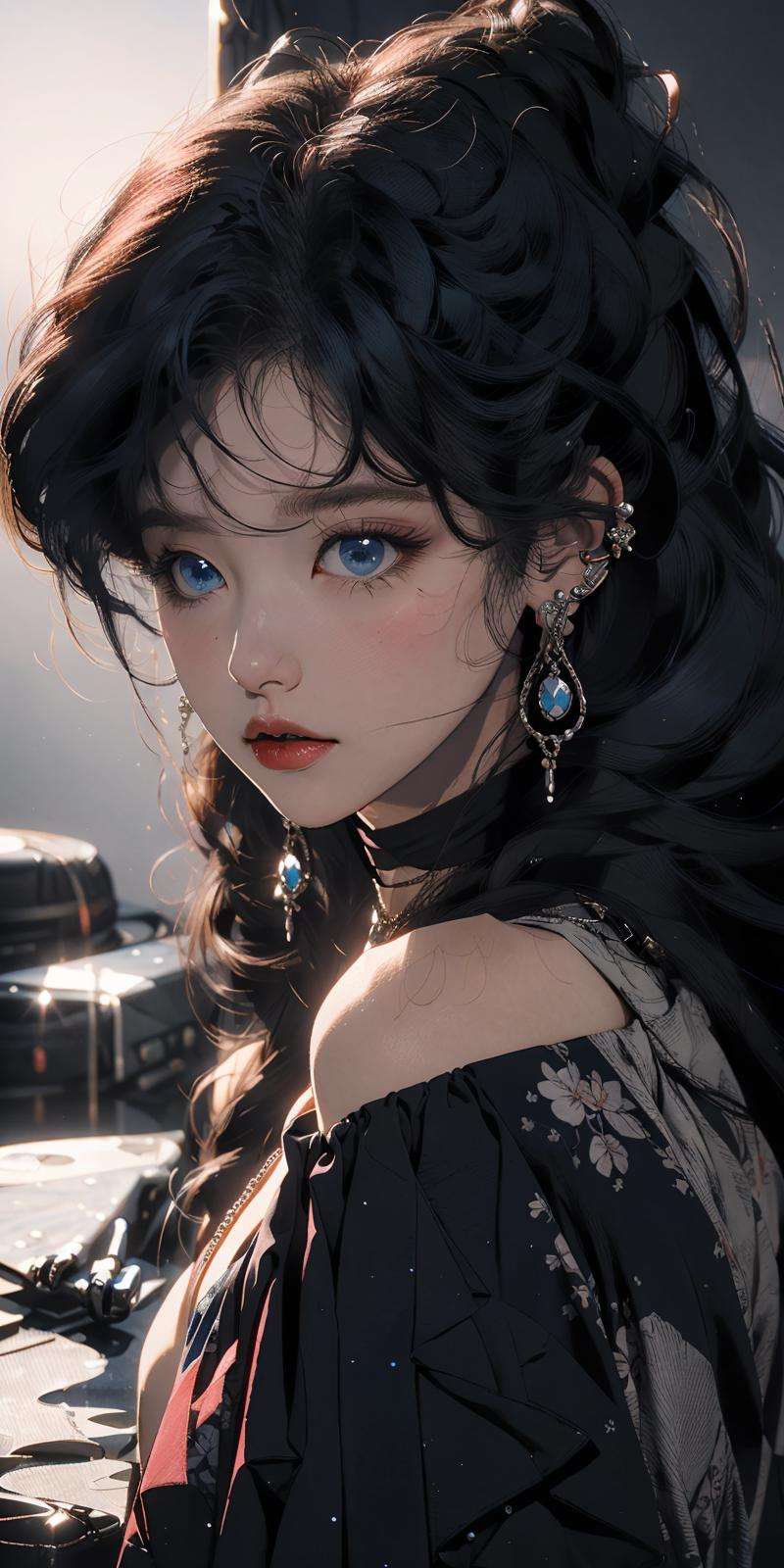 (masterpiece:1.2), best quality,PIXIV, 1girl, solo, black hair, jewelry, long hair, earrings, blue eyes, choker, looking at viewer, parted lips, blush, necklace, upper body, black choker, bangs <lora:s_20230805204449:1>