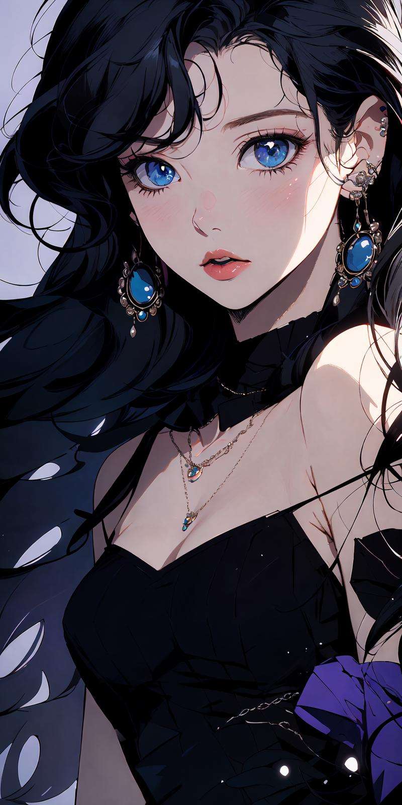 (masterpiece:1.2), best quality,PIXIV, 1girl, solo, black hair, jewelry, long hair, earrings, blue eyes, choker, looking at viewer, parted lips, blush, necklace, upper body, black choker, bangs <lora:s_20230805204449:1>