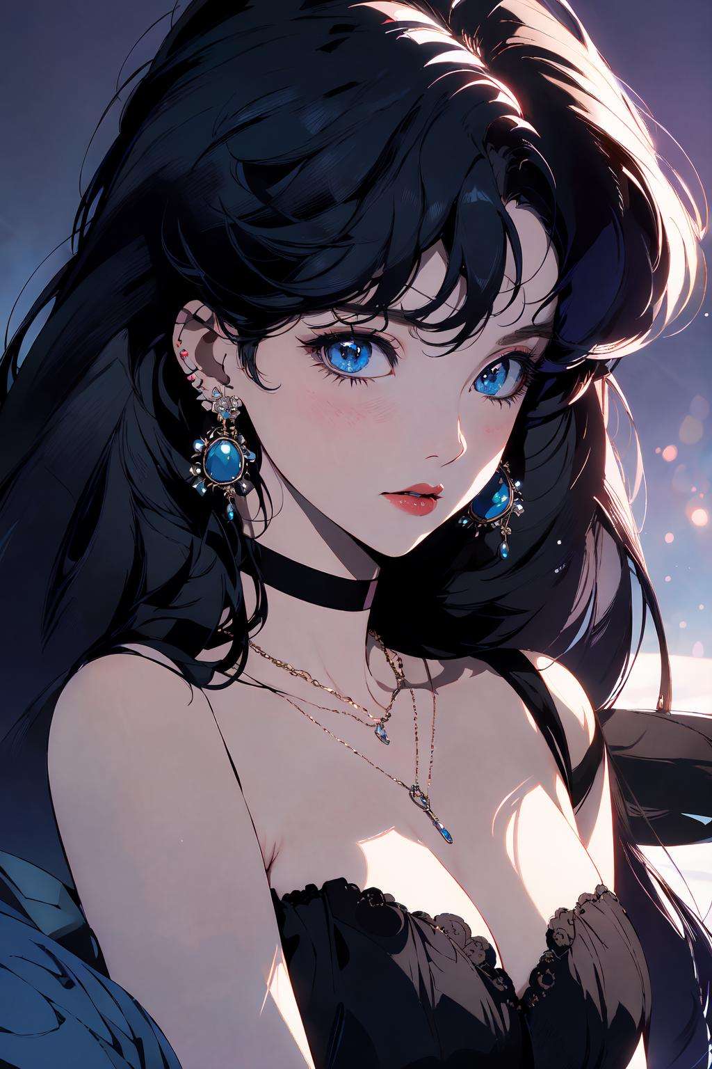 (masterpiece:1.2), best quality,PIXIV, 1girl, solo, black hair, jewelry, long hair, earrings, blue eyes, choker, looking at viewer, parted lips, blush, necklace, upper body, black choker, bangs <lora:s_20230805204449:1>