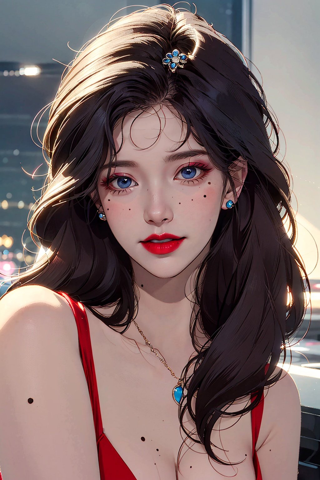 best quality,masterpiece,realistic,1girl,1girl, solo, mole, long hair, lipstick, retro artstyle, makeup, mole under mouth, blue eyes, red lips, smile, 1990s (style), upper body, wavy hair, shirt<lora:s_20230805204449:0.8:MIDD> 