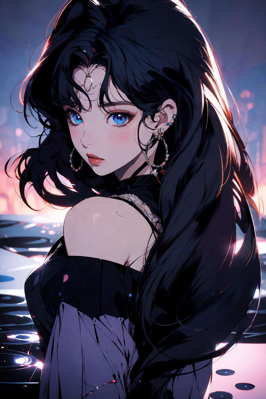 (masterpiece:1.2), best quality,PIXIV, 1girl, solo, black hair, jewelry, long hair, earrings, blue eyes, choker, looking at viewer, parted lips, blush, necklace, upper body, black choker, bangs <lora:s_20230805204449:1>