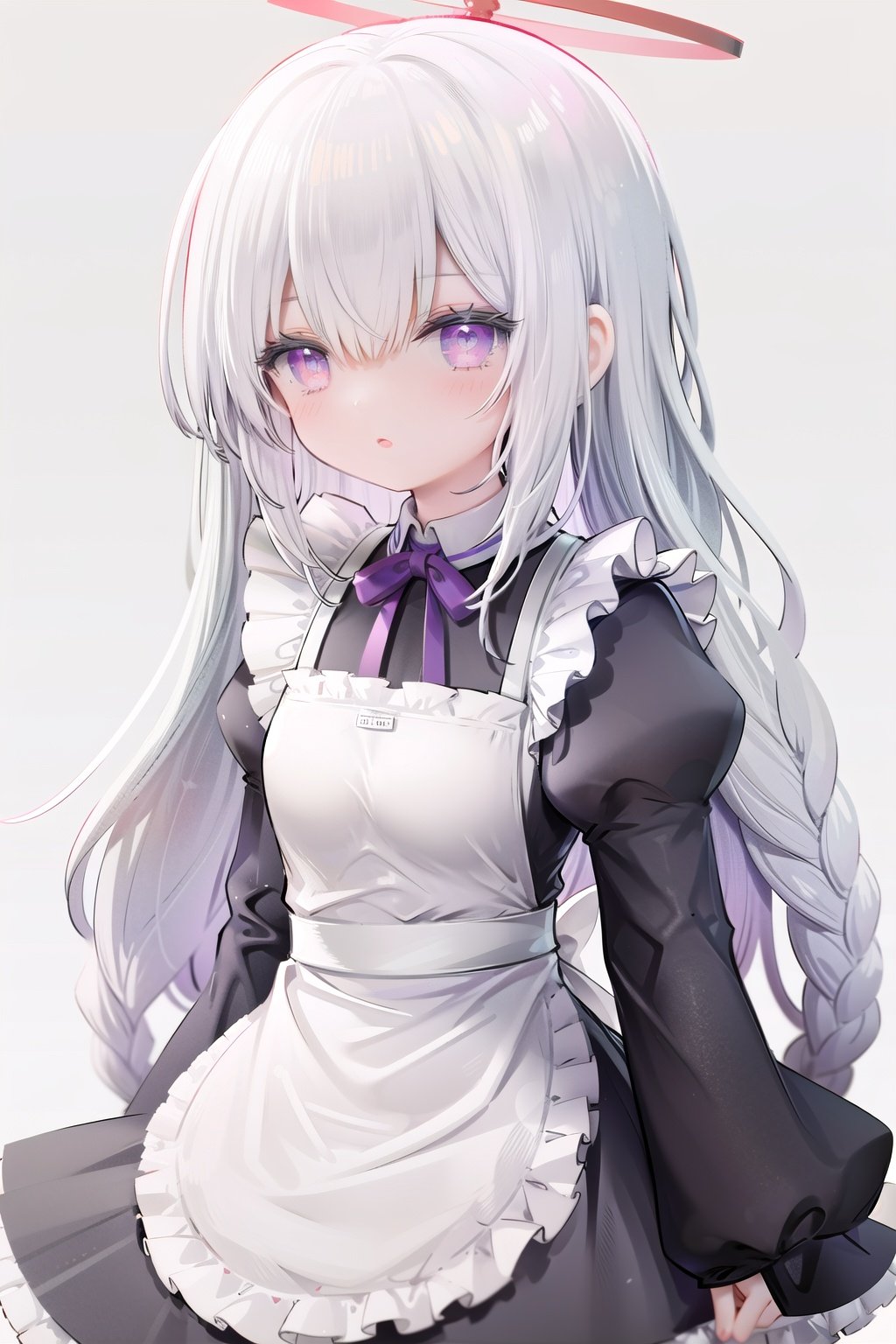 1girl, solo, apron, long hair, hair over one eye, white background, frills, braid, halo, long sleeves, dress, simple background, white hair, white apron, puffy sleeves, very long hair, frilled apron, maid, purple eyes, ribbon, parted lips, maid apron, bangs, juliet sleeves, black dress, neck ribbon, looking at viewer, single braid, blush