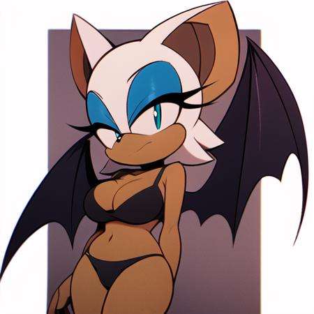 masterpiece, best quality,  <lora:Rouge the Batv2:1>, Rouge the bat, bat ears, makeup, eyeshadow, batwings, furry, medium breasts, black bra, black panties, cleavage, cel shaded