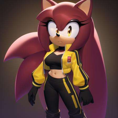 Female, mobian, really long hair, hedgehog, dark skin, maroon hair, multicolor hair, bangs, (black track pants), (long sleeves), (front zipper), jacket, (yellow jacket), (Cropped jacket), (closed jacket), (black gloves), long boots, navel, yellow eyes, medium breasts, (((masterpiece)))