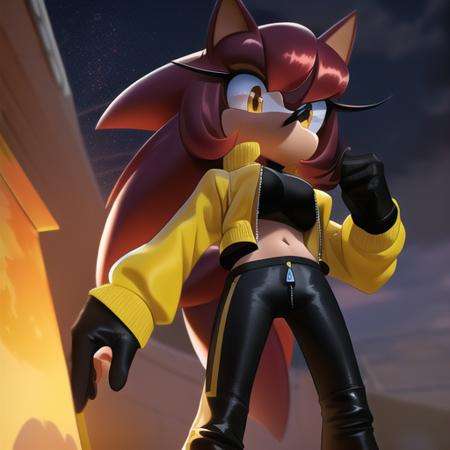 Female, mobian, really long hair, hedgehog, dark skin, maroon hair, multicolor hair, bangs, (black track pants), (long sleeves), (front zipper), jacket, (yellow jacket), (Cropped jacket), (closed jacket), (black gloves), long boots, navel, yellow eyes, medium breasts, (((masterpiece)))