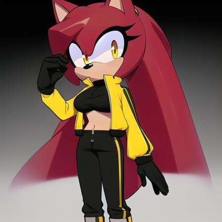 Female, mobian, really long hair, hedgehog, dark skin, maroon hair, multicolor hair, bangs, (black track pants), (long sleeves), (front zipper), jacket, (yellow jacket), (Cropped jacket), (closed jacket), (black gloves), long boots, navel, yellow eyes, medium breasts, (((masterpiece)))