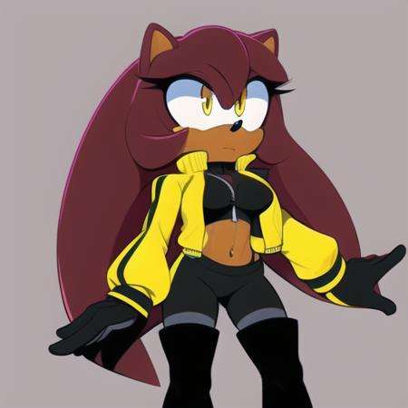 Female, mobian, really long hair, hedgehog, dark skin, maroon hair, multicolor hair, bangs, (black track pants), (long sleeves), (front zipper), jacket, (yellow jacket), (Cropped jacket), (closed jacket), (black gloves), long boots, navel, yellow eyes, medium breasts, (((masterpiece)))