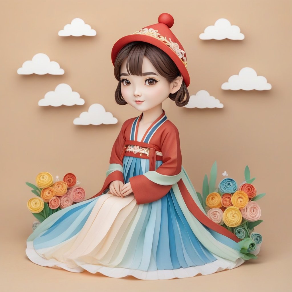 yanzhi,paper quilling Artwork,1boy,chibi,beauty eyes,High quality,Best quality,8K,brown hair,A light red hat,decorated with various pins, and leather bands on the side,American street style,white background,yanzhi, hanfu, white upper shan,(multicolour chest pleated skirt), Studio lighting, <lora:hanfuTang_v41_R_SDXL:0.6> <lora:sdxl_yanzhiV4:0.7> <lora:neg4all_bdsqlsz_xl_V7:1>