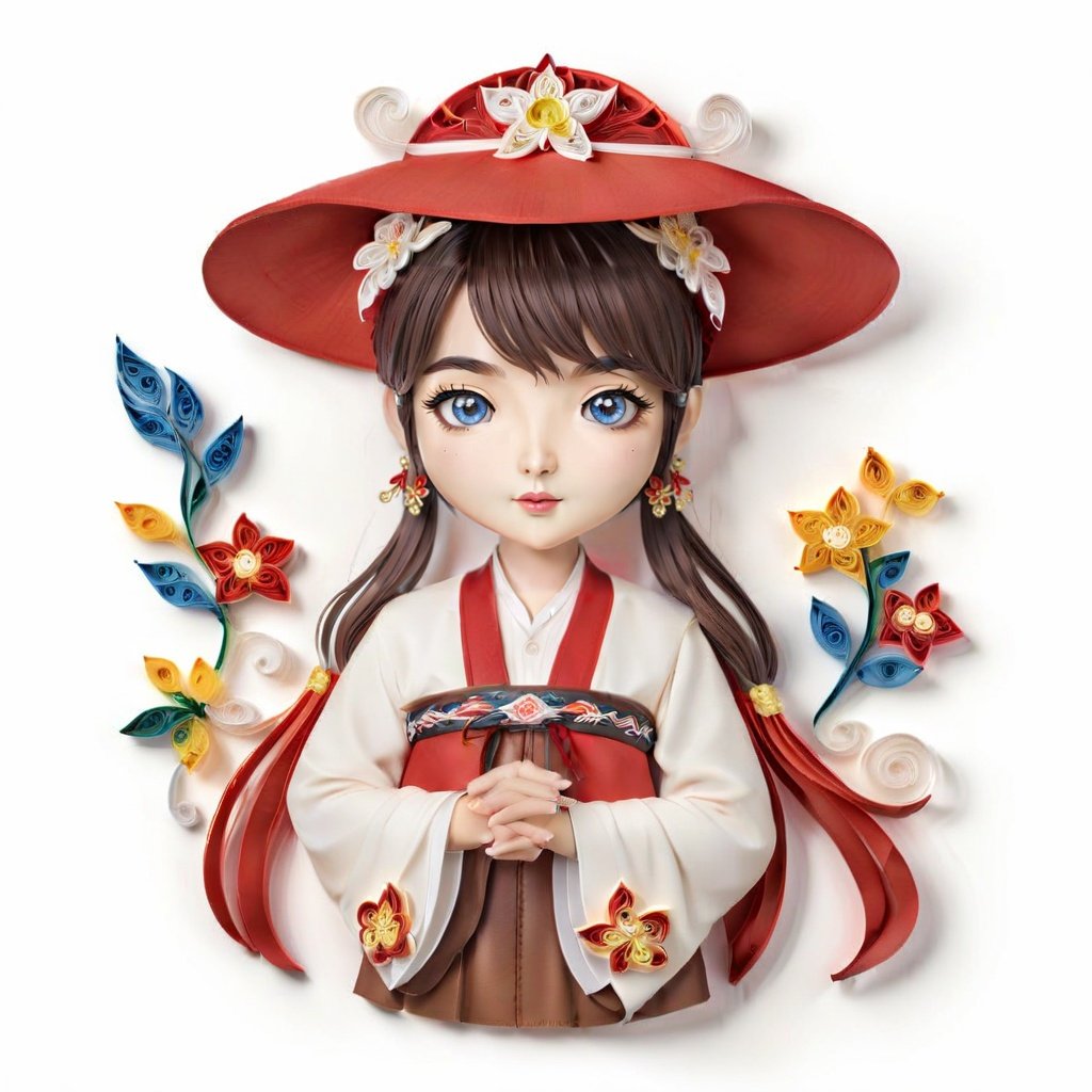 yanzhi,paper quilling Artwork,1girl,chibi,beauty eyes,High quality,Best quality,8K,brown hair,A light red hat,decorated with various pins, and leather bands on the side,American street style,White background,yanzhi,1girl,hanfu,Studio lighting, <lora:hanfuTang_v41_R_SDXL:0.5> <lora:sdxl_yanzhiV4:0.5> <lora:neg4all_bdsqlsz_xl_V7:1>