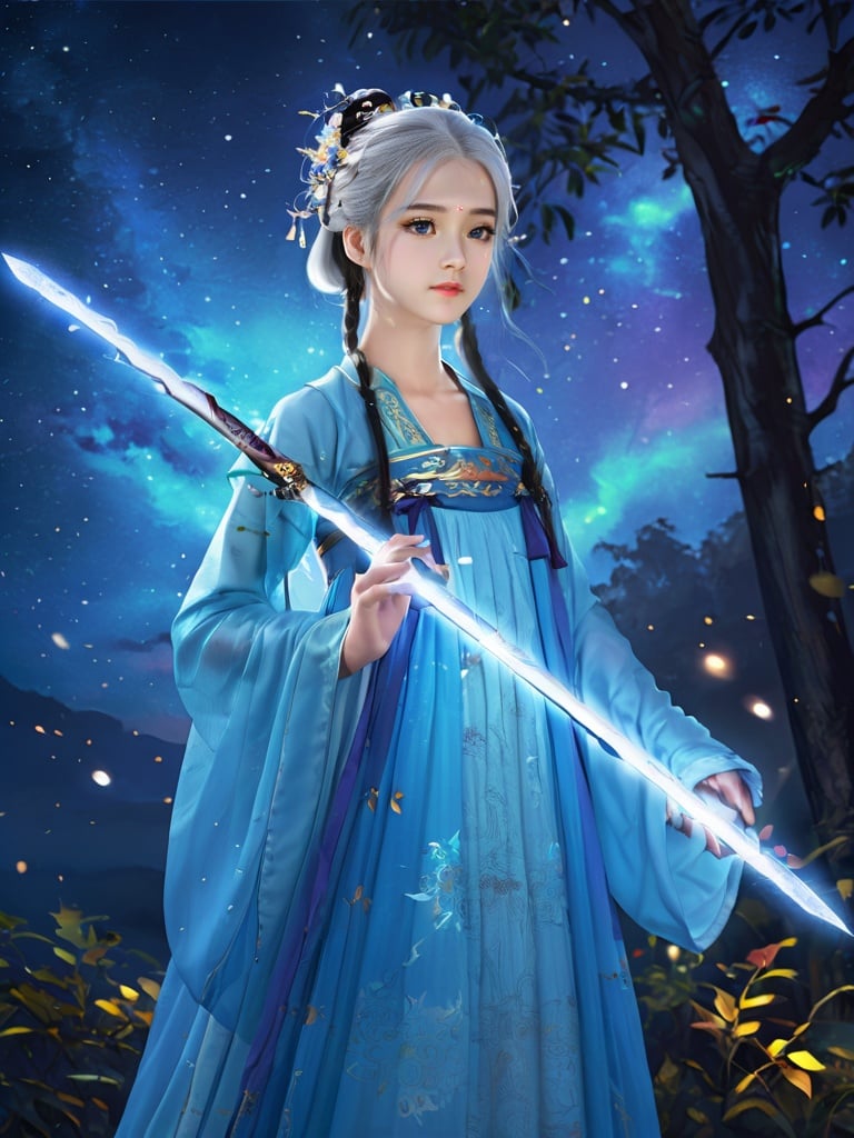 (masterpiece,best quality:1.5), , asian girl with white hair,12 years old, straight hair, blue clothes, holding a sword, in the style of dark azure and light azure, mixes realistic and fantastical elements, vibrant manga, uhd image, glassy translucence, vibrant illustrations, ultra realistic, long hair, straight hair, portrait, mysterious forest, firefly, bokeh, mysterious, night, sky, cloud, eyes detail, beautiful eyes, light in eyes,hanfu,  <lora:tangStyle_sdxl_autodl_v36-000030:0.55>