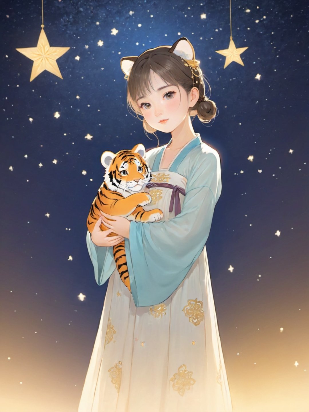 star,starlight, forest, 1girl holding tiger baby, looking at viewer, tiger baby ears, she wearing hanfu, surrounded by shining stars, animation illustration,<lora:hanfuTang_v41_R_SDXL:0.55>,