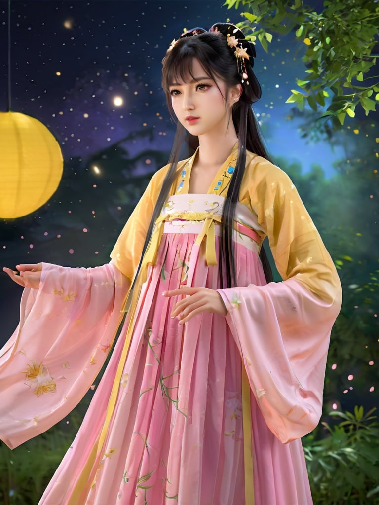 (masterpiece,best quality:1.5), uhd image, glassy translucence, vibrant illustrations, ultra realistic, long hair, straight hair, portrait, mysterious forest, firefly, bokeh, mysterious, night, sky, cloud, eyes detail, beautiful eyes, light in eyes,hanfu, tang style outfits, pink upper shan, multicolour chest pleated skirt, yellow waistband, <lora:tangStyle_sdxl_autodl_v36-000030:0.55>