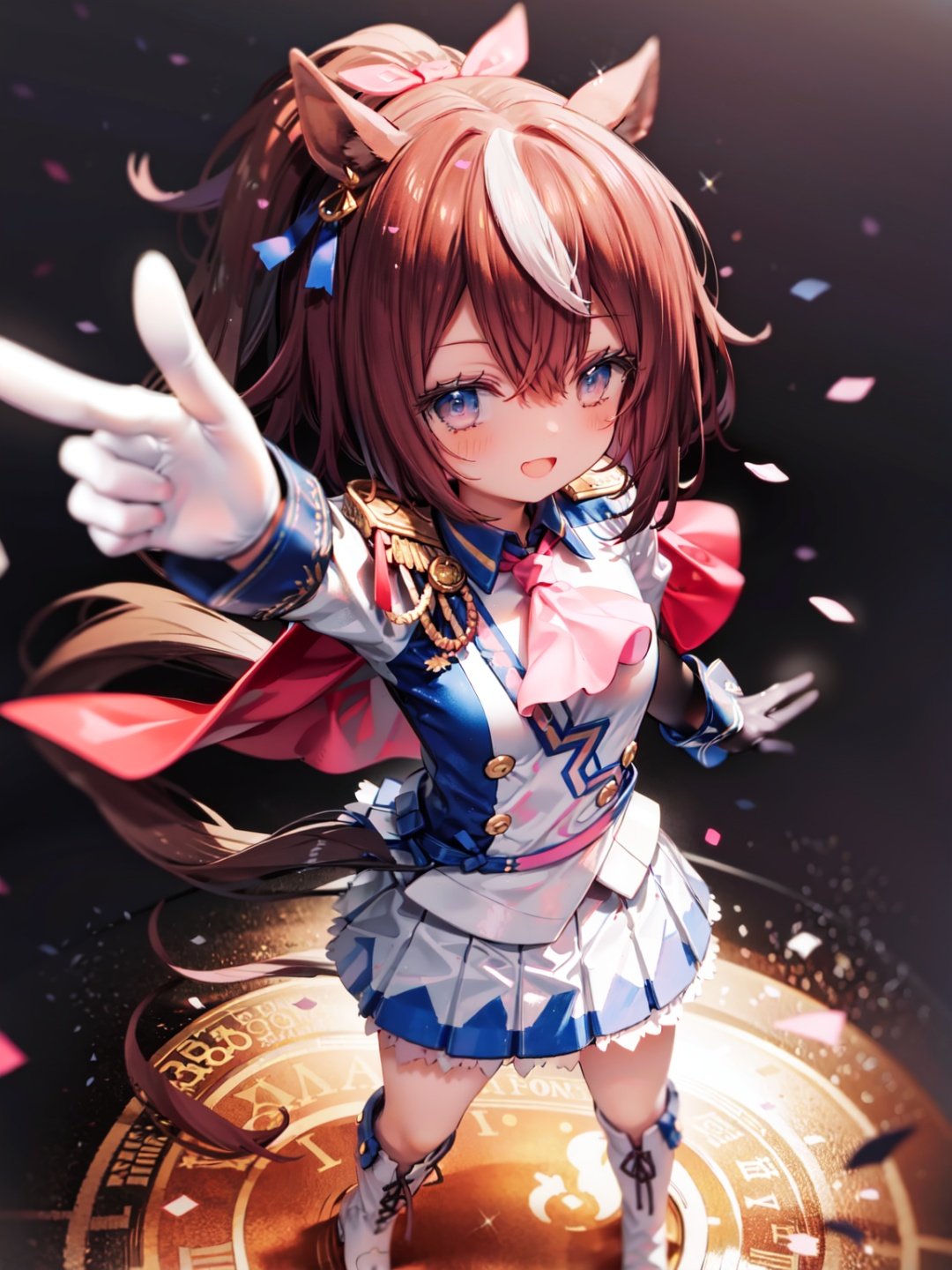 masterpiece, best quality, tokai teio \(umamusume\), from above, brown hair,pointing up, looking up, smile, open mouth, confetti, hair ribbon, pink ribbon, single epaulette, pink ascot, red capelet, long sleeves, asymmetrical gloves, mismatched gloves, white glove, blue glove, multicolored clothes, two-tone jacket, white jacket, blue jacket, shirt, buttons, double-breasted, white skirt, pleated skirt, two-tone skirt, miniskirt, white footwear, knee boots,  <lyco:帝王tokai_teio_loha-000010:0.7>