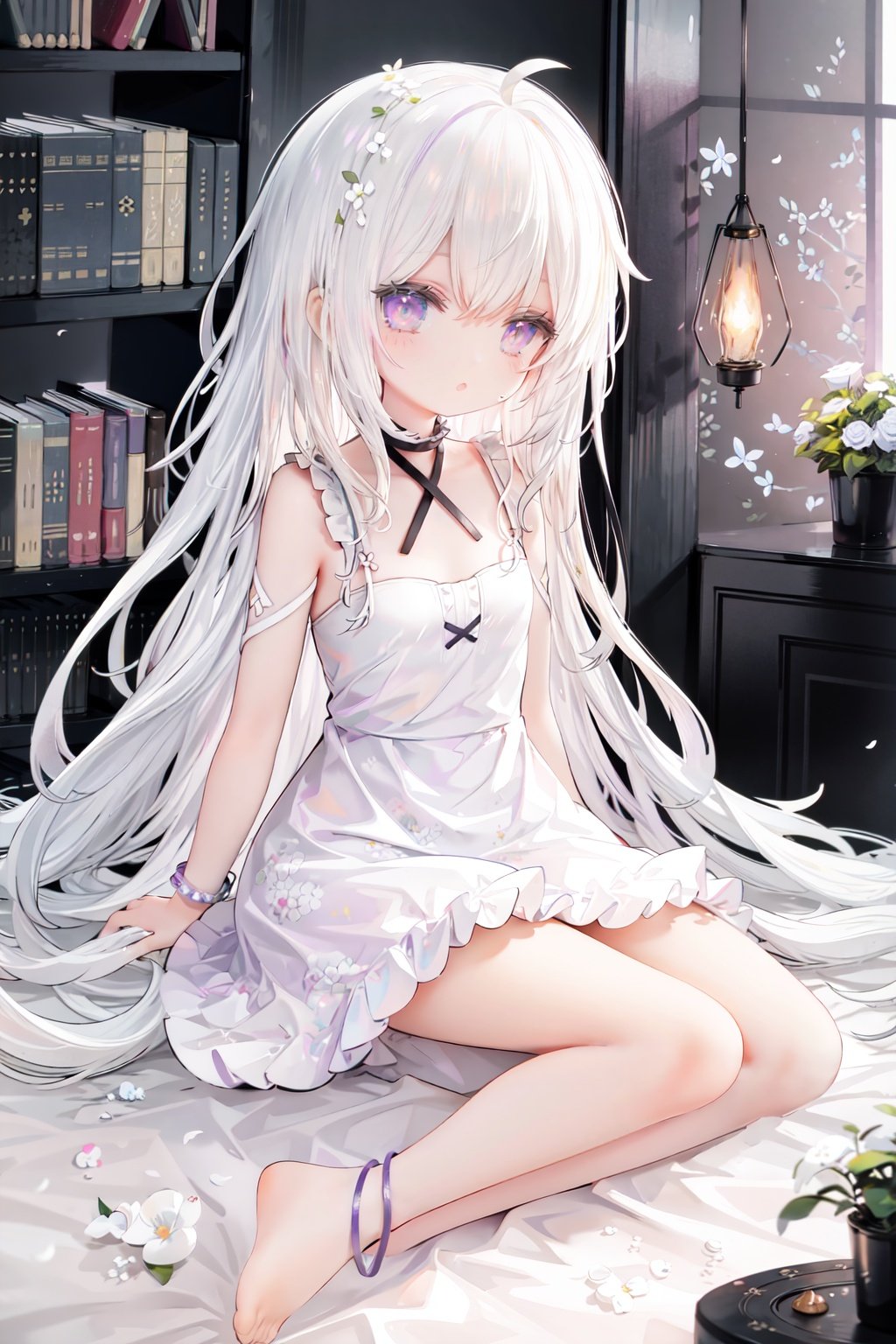 //,masterpiece, ((best quality)), (ultra-detailed), (illustration), an extremely delicate and beautiful, dynamic angle, chromatic aberration,((Medium shot)), ((colorful)),//,1girl,little girl,1girl,loli,petite,loli,looking away,Black rimmed glasses,dress,Constellation print,anklet,barefoot,sitting,(white hair:1.3),(long hair:1.3),ahoge,purple eyes,open mouth,(Dim light),classical,library, plant, Oil lamp,