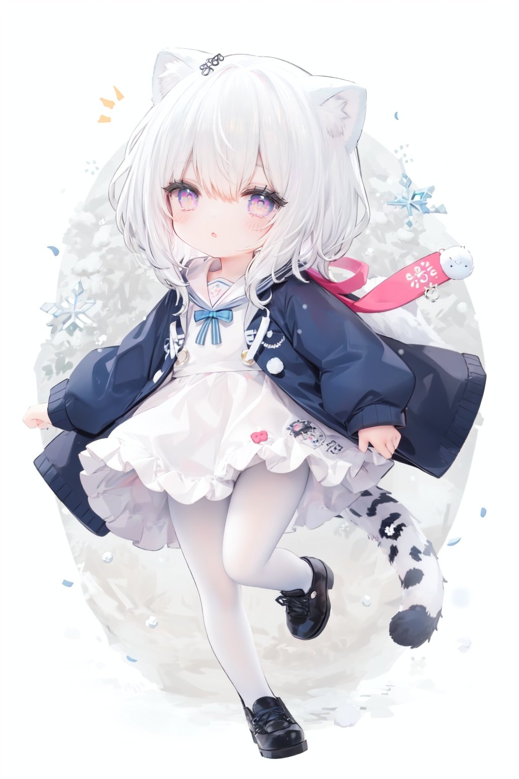 cute,Infant,solo blue shirt,blue sailor coat,loli,full body,white hair,snow leopard ear,white background,pink eyes,laugh,happy,white pantihose,white pantyhose,red armband,