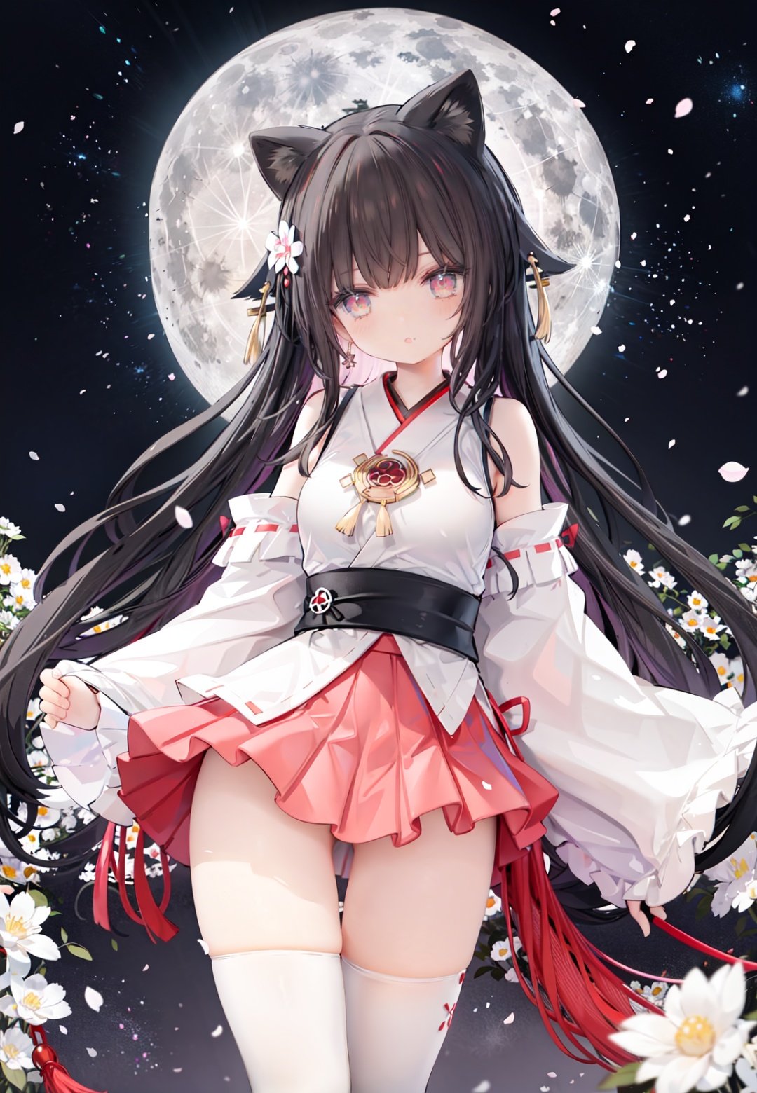 1girl, long hair, solo, thighhighs, black hair, hair ornament, moon, japanese clothes, skirt, detached sleeves, white thighhighs, miko, hakama short skirt, hair flower, very long hair, ribbon trim, ribbon-trimmed legwear, full moon, hakama skirt, hakama, brown eyes, outdoors, night, standing, looking at viewer, flower, hand on hip, tree, red skirt, sky, wide sleeves, smile, ribbon-trimmed sleeves, star (sky), fence, blush, bangs, zettai ryouiki, bare shoulders, night sky, red eyes, nontraditional miko, red hakama, thighs, closed mouth