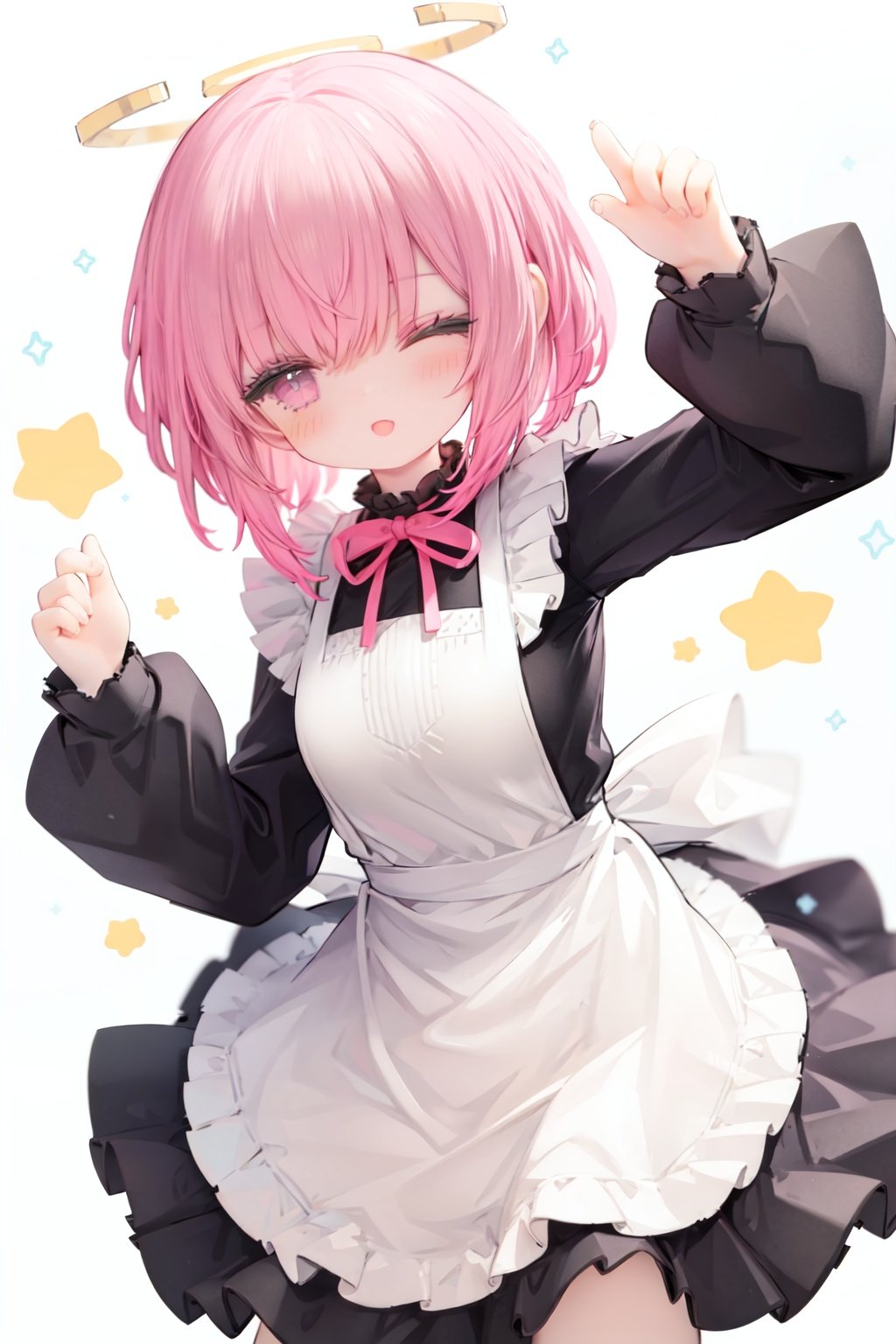 1girl, solo, apron, halo, hair over one eye, closed eyes, smile, white background, dress, white apron, simple background, long sleeves, multicolored hair, braid, open mouth, blue hair, alternate costume, blush, bangs, :d, pink hair, black dress, ribbon, frilled dress, enmaided, short hair, hand up, colored inner hair