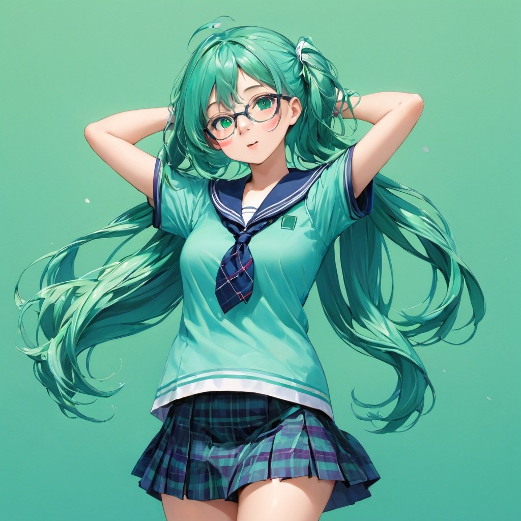 colorful, best quality, masterpiece, highres, original, extremely detailed wallpaper, 1girl, aqua_background, aqua_hair, arms_up, bespectacled, breasts, glasses, green_background, green_hair, large_breasts, long_hair, looking_at_viewer, mouth_hold, neckerchief, plaid, sailor_collar, school_uniform, serafuku, short_sleeves, solo, upper_body