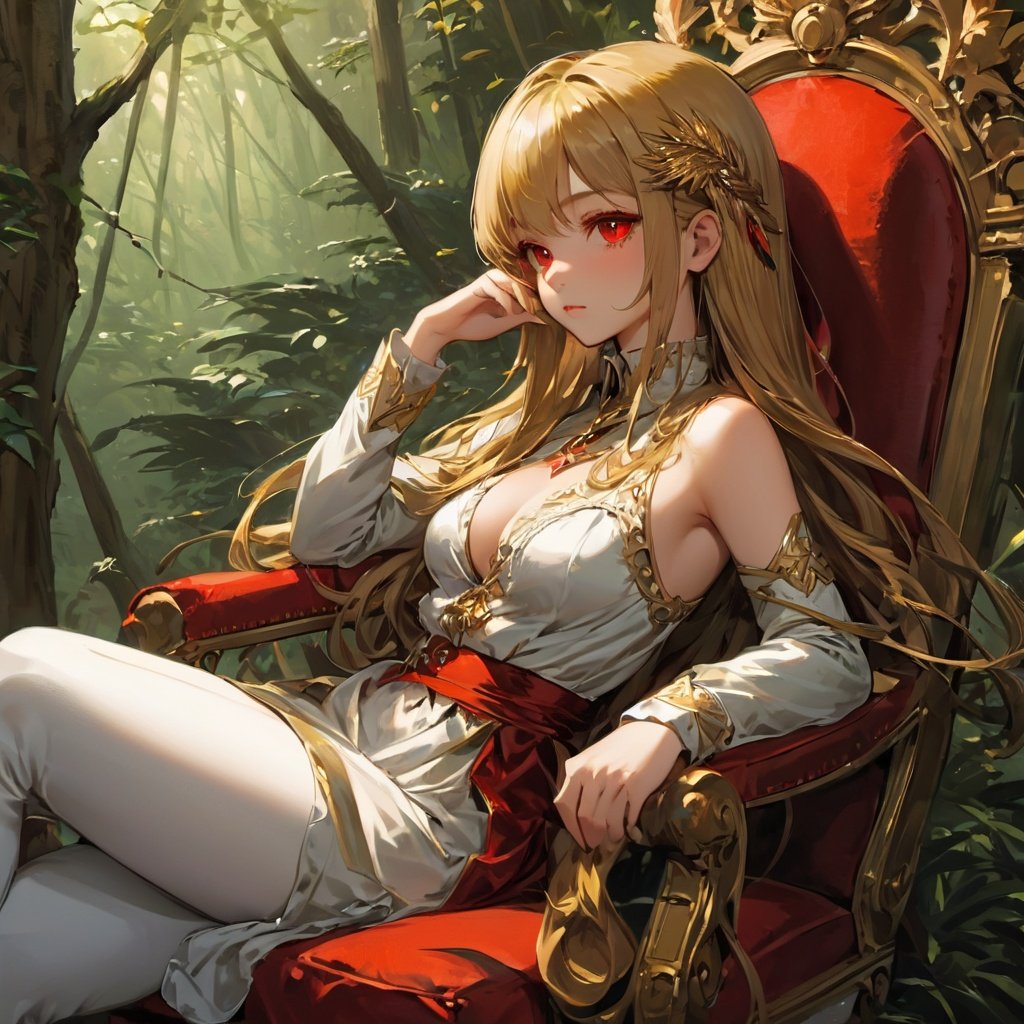 anime,Medium view, girl focus, a girl, sitting sideways on a luxurious chair, hand supporting chin, looking out of the camera, red eyes, detailed engraved picture part, delicate and beautiful face, exotic, mysterious forest, high detail red eyes, wind, wind blowing hair, windward, high detail hair, aristocratic clothing, fluff, golden feathers, epic, masterpiece, wooden, old, golden hair,1girl
